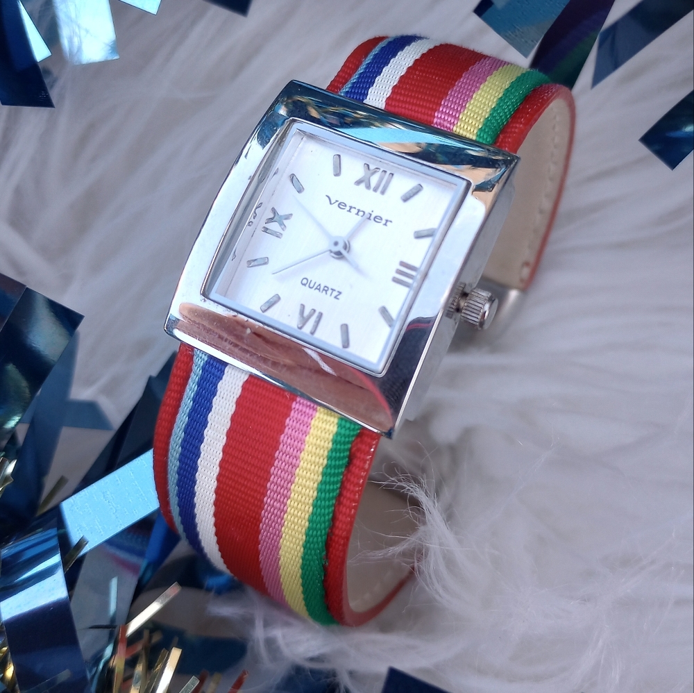 NEW BATTERY! Vernier Rainbow Multicolored Striped Cuff Watch